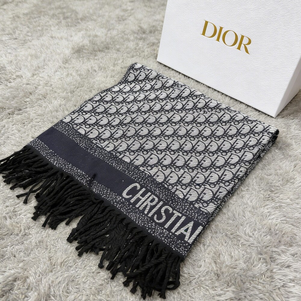 Dior Navy Gray Oblique Signature Fringe Scarf